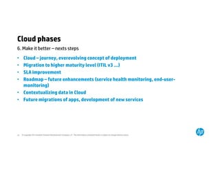 Cloud phases 
6. Make it better – nexts steps 
• Cloud – journey, everevolving concept of deployment 
• Migration to higher maturity level (ITIL v3 …) 
• SLA improvement 
• Roadmap – future enhancements (service health monitoring, end-user-monitoring) 
• Contextualizing data in Cloud 
• Future migrations of apps, development of new services 
© Copyright 2014 Hewlett-Packard 22 Development Company, L.P. The information contained herein is subject to change without notice. 
 