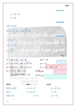 
- 5 -

− = 0
= 

(ℎ + , )
(−3 −
1
4
, 2)	= 	 (
−13
4
, 2)	

= ℎ −
= −3 +
1
4

=
−11
4

4 = −8
= −2
ℎ = −2								K = −2
2,-2
h, k
+ 4y + 8 − 12 = 0
+ 4y + 0 = −8 + 12 + 0
+ 4y + 4 = −8 + 12 + 4
( − 2) = −8( − 2)
( − ) = 4P( − ℎ)

  
(ℎ + , )
(	, )
(0, −2)
= ℎ − 
= 2 + 2
= 4
− = 0
=
= −2
 