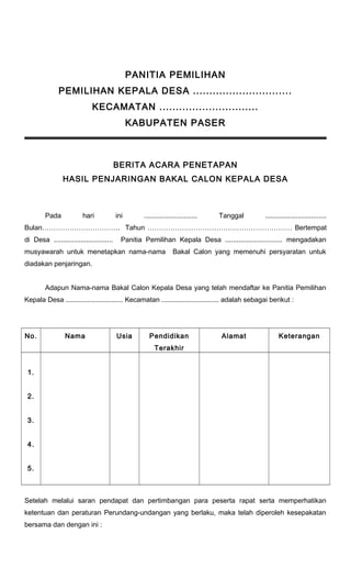 PANITIA PEMILIHAN 
PEMILIHAN KEPALA DESA .............................. 
KECAMATAN .............................. 
KABUPATEN PASER 
BERITA ACARA PENETAPAN 
HASIL PENJARINGAN BAKAL CALON KEPALA DESA 
Pada hari ini ............................ Tanggal ................................ 
Bulan……………………………. Tahun ……………………………………………………… Bertempat 
di Desa ............................... Panitia Pemilihan Kepala Desa .............................. mengadakan 
musyawarah untuk menetapkan nama-nama Bakal Calon yang memenuhi persyaratan untuk 
diadakan penjaringan. 
Adapun Nama-nama Bakal Calon Kepala Desa yang telah mendaftar ke Panitia Pemilihan 
Kepala Desa .............................. Kecamatan .............................. adalah sebagai berikut : 
No. Nama Usia Pendidikan 
Terakhir 
Alamat Keterangan 
1. 
2. 
3. 
4. 
5. 
Setelah melalui saran pendapat dan pertimbangan para peserta rapat serta memperhatikan 
ketentuan dan peraturan Perundang-undangan yang berlaku, maka telah diperoleh kesepakatan 
bersama dan dengan ini : 
 