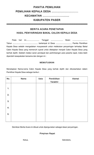 PANITIA PEMILIHAN 
PEMILIHAN KEPALA DESA .............................. 
KECAMATAN .............................. 
KABUPATEN PASER 
BERITA ACARA PENETAPAN 
HASIL PENYARINGAN BAKAL CALON KEPALA DESA 
Pada hari ini.......................... Tanggal ........................ Bulan ............................. 
Tahun ................................................. bertempat di Desa .............................., Panitia Pemilihan 
Kepala Desa setelah mengadakan musyawarah untuk melakukan penyaringan terhadap Bakal 
Calon Kepala Desa yang memenuhi syarat untuk ditetapkan menjadi Calon Kepala Desa yang 
berhak dipilih. Setelah melalui saran pendapat dan pertimbangan para peserta rapat, maka telah 
diperoleh kesepakatan bersama dan dengan ini : 
MEMUTUSKAN 
Menetapkan Nama-nama Calon Kepala Desa yang berhak dipilih dan diikutsertakan dalam 
Pemilihan Kepala Desa sebagai berikut : 
No. Nama Usia Pendidikan 
Terakhir 
Alamat 
1. 
2. 
3. 
4. 
5. 
Demikian Berita Acara ini dibuat untuk dipergunakan sebagai dasar penyaringan. 
Pimpinan Rapat 
Ketua, Sekretaris, 
 