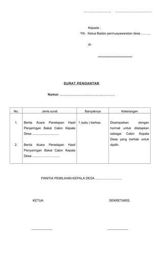 .............................., ......................................... 
Kepada : 
Yth. Ketua Badan permusyawaratan desa ........... 
di- 
.............................. 
SURAT PENGANTAR 
Nomor ................................................ 
No. Jenis surat Banyaknya Keterangan 
1. 
2. 
Berita Acara Penetapan Hasil 
Penjaringan Bakal Calon Kepala 
Desa .............................. 
Berita Acara Penetapan Hasil 
Penyaringan Bakal Calon Kepala 
Desa ............................... 
1 (satu ) berkas. Disampaikan dengan 
hormat untuk ditetapkan 
sebagai Calon Kepala 
Desa yang berhak untuk 
dipilih. 
PANITIA PEMILIHAN KEPALA DESA .............................. 
KETUA SEKRETARIS, 
_____________ _____________ 
 