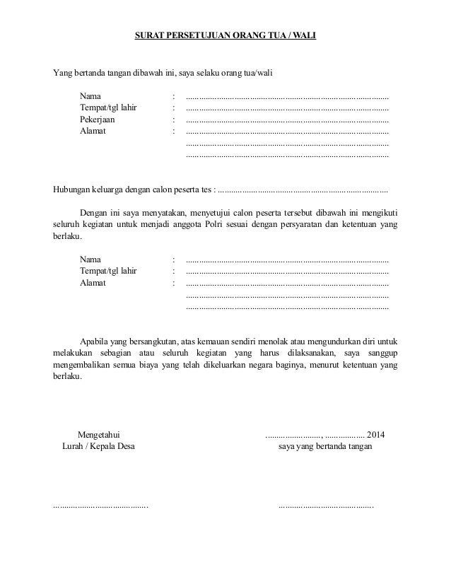 Contoh Surat Izin Orang Tua Untuk Persyaratan Cpns