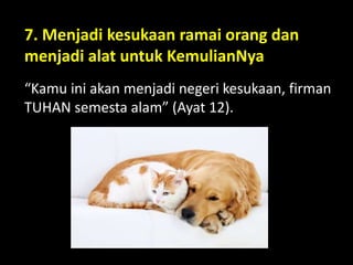 7. Menjadi kesukaan ramai orang dan
menjadi alat untuk KemulianNya
“Kamu ini akan menjadi negeri kesukaan, firman
TUHAN semesta alam” (Ayat 12).
 