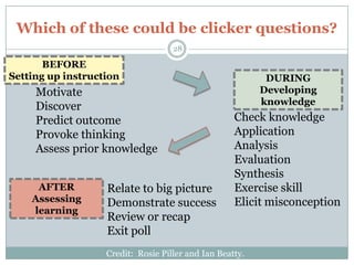 Which of these could be clicker questions?
                                    28

       BEFORE
Setting up instruction                                     DURING
     Motivate                                             Developing
                                                          knowledge
     Discover
     Predict outcome                                Check knowledge
     Provoke thinking                               Application
     Assess prior knowledge                         Analysis
                                                    Evaluation
                                                    Synthesis
     AFTER         Relate to big picture            Exercise skill
    Assessing      Demonstrate success              Elicit misconception
    learning
                   Review or recap
                   Exit poll
                   Credit: Rosie Piller and Ian Beatty.
 