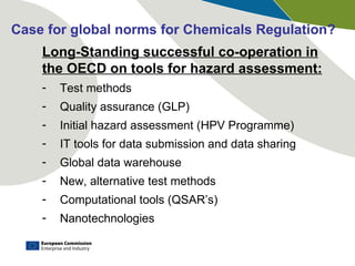Long-Standing successful co-operation in the OECD on tools for hazard assessment: Test methods Quality assurance (GLP) Initial hazard assessment (HPV Programme) IT tools for data submission and data sharing Global data warehouse New, alternative test methods Computational tools (QSAR’s) Nanotechnologies Case for global norms for Chemicals Regulation? 