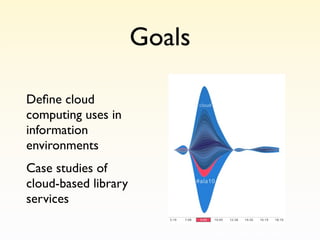 Goals

Deﬁne cloud
computing uses in
information
environments
Case studies of
cloud-based library
services
 