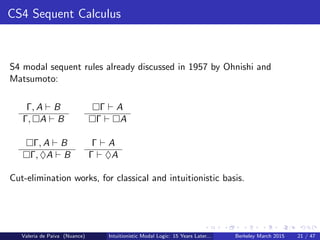 CS4 Sequent Calculus
S4 modal sequent rules already discussed in 1957 by Ohnishi and
Matsumoto:
Γ, A B
Γ, A B
Γ A
Γ A
Γ, A B
Γ, ♦A B
Γ A
Γ ♦A
Cut-elimination works, for classical and intuitionistic basis.
Valeria de Paiva (Nuance) Intuitionistic Modal Logic: 15 Years Later... Berkeley March 2015 21 / 47
 