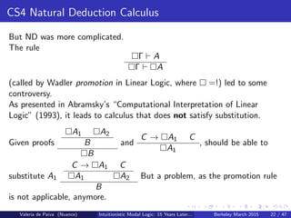 CS4 Natural Deduction Calculus
But ND was more complicated.
The rule
Γ A
Γ A
(called by Wadler promotion in Linear Logic, where =!) led to some
controversy.
As presented in Abramsky’s “Computational Interpretation of Linear
Logic” (1993), it leads to calculus that does not satisfy substitution.
Given proofs
A1 A2
B
B
and
C → A1 C
A1
, should be able to
substitute A1
C → A1 C
A1 A2
B
But a problem, as the promotion rule
is not applicable, anymore.
Valeria de Paiva (Nuance) Intuitionistic Modal Logic: 15 Years Later... Berkeley March 2015 22 / 47
 
