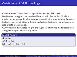Variations on CS4 II: Lax Logic
Computational Types from a Logical Perspective, JFP 1998
Motivation: Moggi’s computational lambda calculus, an intuitionistic
modal metalanguage for denotational semantics for programming language
features: non-termination, diﬀering evaluation strategies, non-determinism,
side-eﬀects are examples.
Curry-Howard ‘backwards’ to get the logic: intuitionistic modal logic with
a degenerate possibility, Curry 1952
Modal Axioms
A → ♦A
♦♦A → ♦A
(A → B) → (♦A → ♦B)
Valeria de Paiva (Nuance) Intuitionistic Modal Logic: 15 Years Later... Berkeley March 2015 27 / 47
 