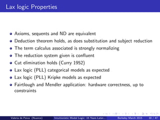 Lax logic Properties
Axioms, sequents and ND are equivalent
Deduction theorem holds, as does substitution and subject reduction
The term calculus associated is strongly normalizing
The reduction system given is conﬂuent
Cut elimination holds (Curry 1952)
Lax logic (PLL) categorical models as expected
Lax logic (PLL) Kripke models as expected
Fairtlough and Mendler application: hardware correctness, up to
constraints
Valeria de Paiva (Nuance) Intuitionistic Modal Logic: 15 Years Later... Berkeley March 2015 30 / 47
 