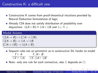 Constructive K: a diﬃcult one
Constructive K comes from proof-theoretical intuitions provided by
Natural Deduction formulations of logic
Already CS4 does not satisfy distribution of possibiliity over
disjunction: ♦(A ∨ B) ∼= ♦A ∨ ♦B and ♦⊥ ∼= ⊥
Modal Axioms
(A → B) → ( A → B)
(A → B) → ♦A → ♦B
( A × ♦B) → ♦(A × B)
Sequent rules not as symmetric as in constructive S4, harder to model
Γ A
Γ A
Γ, A B
Γ, ♦A ♦B
Note: only one rule for each connective, also ♦ depends on .
Valeria de Paiva (Nuance) Intuitionistic Modal Logic: 15 Years Later... Berkeley March 2015 31 / 47
 