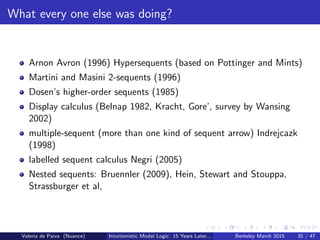 What every one else was doing?
Arnon Avron (1996) Hypersequents (based on Pottinger and Mints)
Martini and Masini 2-sequents (1996)
Dosen’s higher-order sequents (1985)
Display calculus (Belnap 1982, Kracht, Gore’, survey by Wansing
2002)
multiple-sequent (more than one kind of sequent arrow) Indrejcazk
(1998)
labelled sequent calculus Negri (2005)
Nested sequents: Bruennler (2009), Hein, Stewart and Stouppa,
Strassburger et al,
Valeria de Paiva (Nuance) Intuitionistic Modal Logic: 15 Years Later... Berkeley March 2015 35 / 47
 