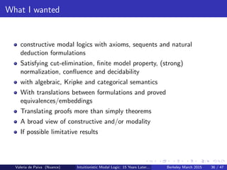 What I wanted
constructive modal logics with axioms, sequents and natural
deduction formulations
Satisfying cut-elimination, ﬁnite model property, (strong)
normalization, conﬂuence and decidability
with algebraic, Kripke and categorical semantics
With translations between formulations and proved
equivalences/embeddings
Translating proofs more than simply theorems
A broad view of constructive and/or modality
If possible limitative results
Valeria de Paiva (Nuance) Intuitionistic Modal Logic: 15 Years Later... Berkeley March 2015 36 / 47
 
