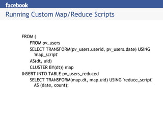 Running Custom Map/Reduce Scripts FROM (  FROM pv_users  SELECT TRANSFORM(pv_users.userid, pv_users.date) USING 'map_script'  AS(dt, uid)  CLUSTER BY(dt)) map  INSERT INTO TABLE pv_users_reduced  SELECT TRANSFORM(map.dt, map.uid) USING 'reduce_script' AS (date, count);   