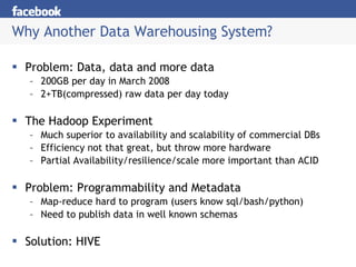 Why Another Data Warehousing System? Problem: Data, data and more data 200GB per day in March 2008  2+TB(compressed) raw data per day today The Hadoop Experiment Much superior to availability and scalability of commercial DBs Efficiency not that great, but throw more hardware Partial Availability/resilience/scale more important than ACID Problem: Programmability and Metadata Map-reduce hard to program (users know sql/bash/python) Need to publish data in well known schemas Solution: HIVE 