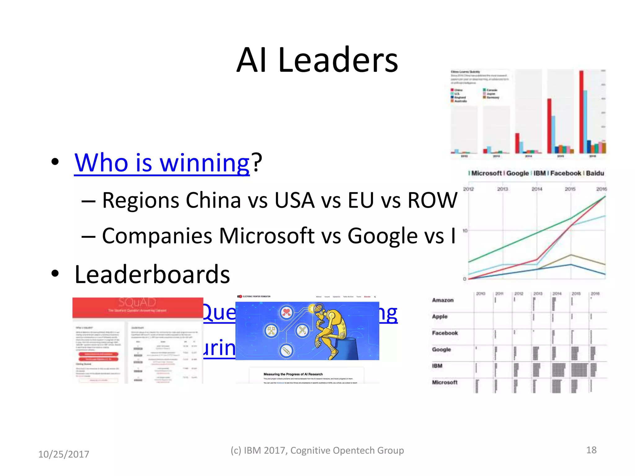 AI Leaders
• Who is winning?
– Regions China vs USA vs EU vs ROW
– Companies Microsoft vs Google vs IBM
• Leaderboards
– SQuAD – Question Answering
– EFF Measuring AI Progress
10/25/2017 (c) IBM 2017, Cognitive Opentech Group 18
 