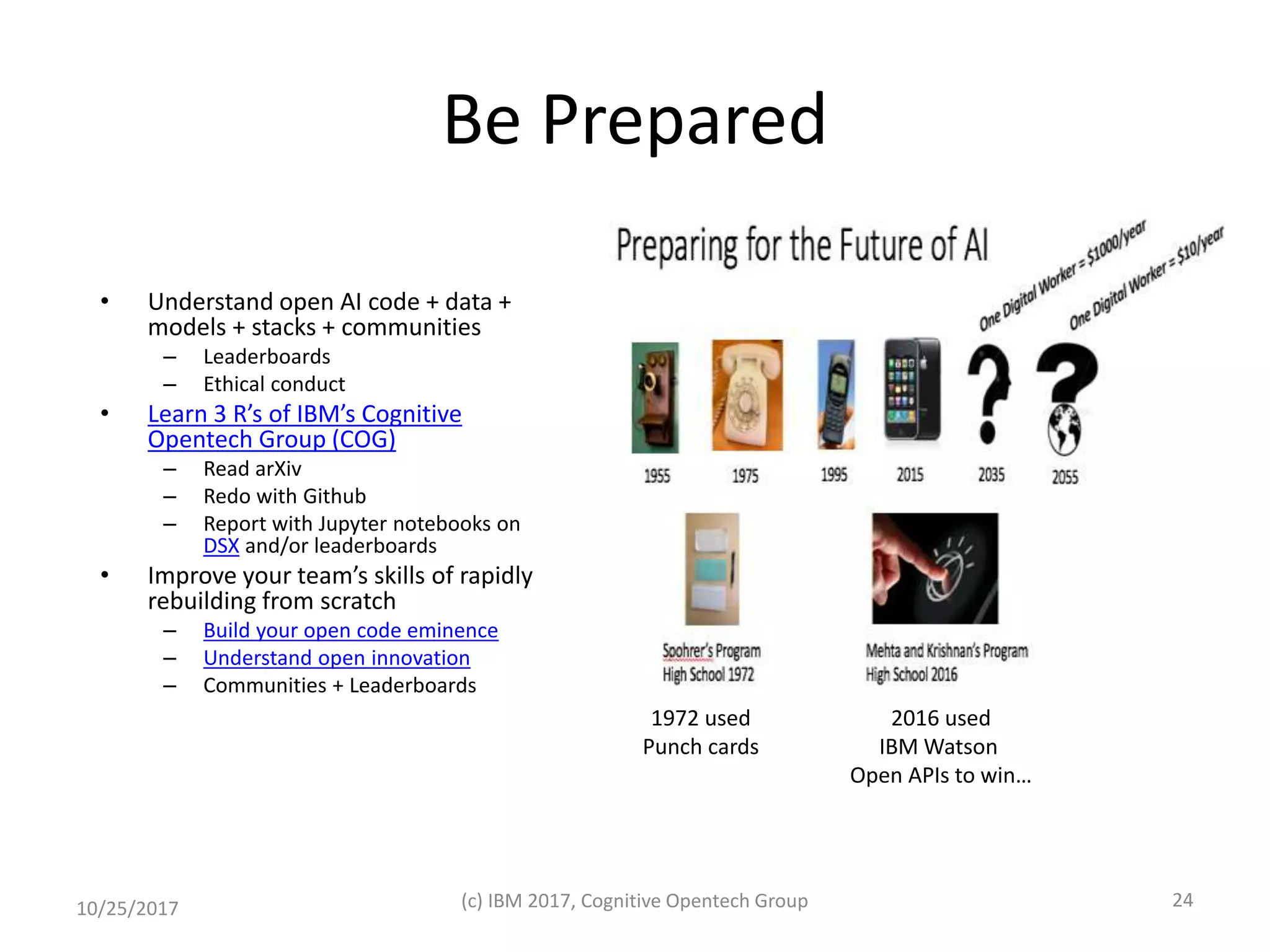 Be Prepared
• Understand open AI code + data +
models + stacks + communities
– Leaderboards
– Ethical conduct
• Learn 3 R’s of IBM’s Cognitive
Opentech Group (COG)
– Read arXiv
– Redo with Github
– Report with Jupyter notebooks on
DSX and/or leaderboards
• Improve your team’s skills of rapidly
rebuilding from scratch
– Build your open code eminence
– Understand open innovation
– Communities + Leaderboards
10/25/2017 (c) IBM 2017, Cognitive Opentech Group 24
1972 used
Punch cards
2016 used
IBM Watson
Open APIs to win…
 