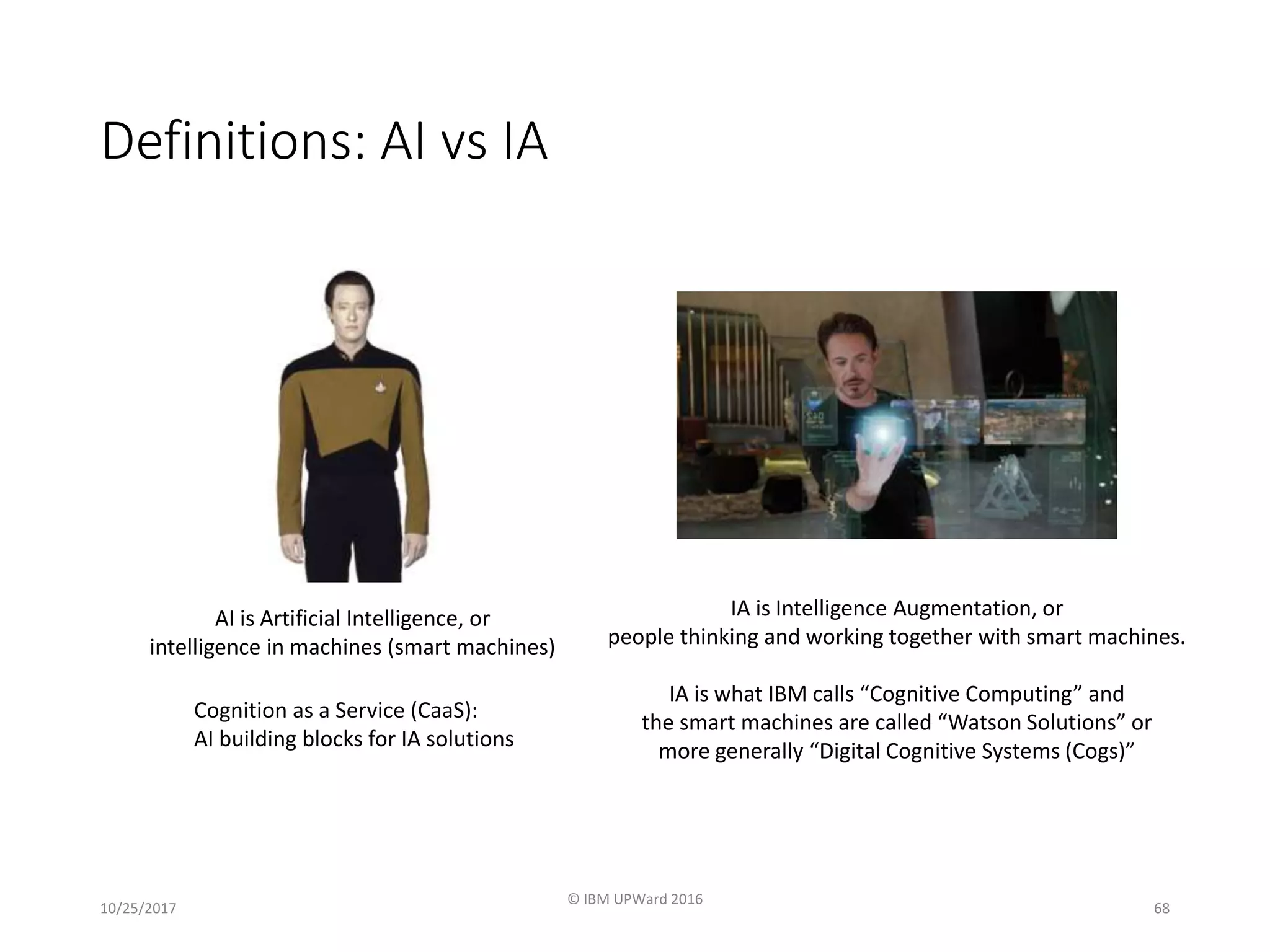 Definitions: AI vs IA
10/25/2017
© IBM UPWard 2016
68
AI is Artificial Intelligence, or
intelligence in machines (smart machines)
IA is Intelligence Augmentation, or
people thinking and working together with smart machines.
IA is what IBM calls “Cognitive Computing” and
the smart machines are called “Watson Solutions” or
more generally “Digital Cognitive Systems (Cogs)”
Cognition as a Service (CaaS):
AI building blocks for IA solutions
 