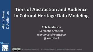 @azaroth42
rsanderson
@getty.edu
IIIF:Interoperabilituy
Abstractions
&Audiences
@azaroth42
Tiers of Abstraction and Audience
In Cultural Heritage Data Modeling
Rob Sanderson
Semantic Architect
rsanderson@getty.edu
@azaroth42
 