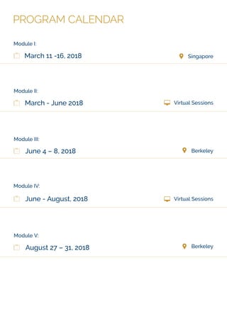 PROGRAM CALENDAR
Module I:
SingaporeMarch 11 -16, 2018
Module III:
BerkeleyJune 4 – 8, 2018
Module IV:
Virtual Sessions
:IIeludoM
March - June 2018 Virtual Sessions
Module V:
BerkeleyAugust 27 – 31, 2018
June - August, 2018
 