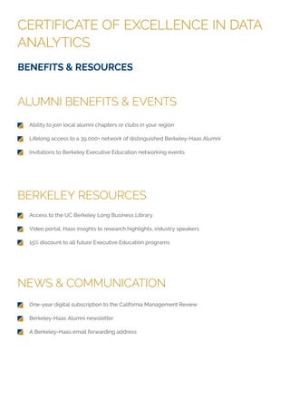 CERTIFICATE OF EXCELLENCE IN DATA
ANALYTICS
ALUMNI BENEFITS & EVENTS
BERKELEY RESOURCES
NEWS & COMMUNICATION
BENEFITS & RESOURCES
Ability to join local alumni chapters or clubs in your region
Lifelong access to a 39,000+ network of distinguished Berkeley-Haas Alumni
Invitations to Berkeley Executive Education networking events
Access to the UC Berkeley Long Business Library
Video portal, Haas insights to research highlights, industry speakers
15% discount to all future Executive Education programs
One-year digital subscription to the California Management Review
Berkeley-Haas Alumni newsletter
A Berkeley-Haas email forwarding address
 