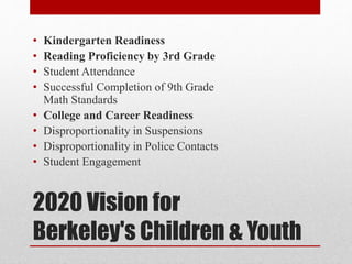 2020 Vision for
Berkeley's Children & Youth
• Kindergarten Readiness
• Reading Proficiency by 3rd Grade
• Student Attendance
• Successful Completion of 9th Grade
Math Standards
• College and Career Readiness
• Disproportionality in Suspensions
• Disproportionality in Police Contacts
• Student Engagement
 