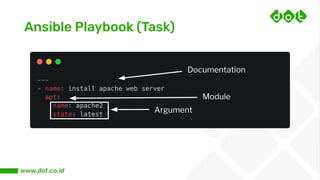 Ansible Playbook (Task)
Documentation
Module
Argument
 