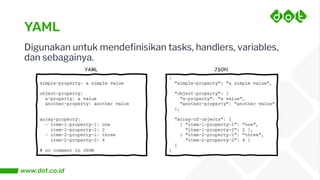 YAML
Digunakan untuk mendeﬁnisikan tasks, handlers, variables,
dan sebagainya.
 