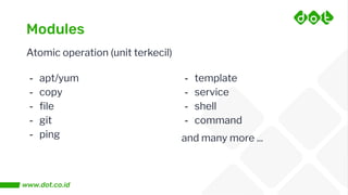 Modules
- apt/yum
- copy
- ﬁle
- git
- ping
- template
- service
- shell
- command
and many more ...
Atomic operation (unit terkecil)
 