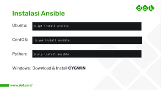 Instalasi Ansible
Ubuntu:
CentOS:
Python:
Windows: Download & Install CYGWIN
 