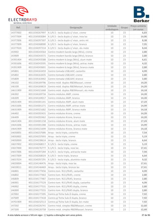 Ref. EAN Designação
Unidade
embalagem
Grupo
Preço unitário
em euros
14377002 4011334267997 K.1/K.5 - tecla dupla c/ visor, creme 10 23 6,83
14377004 4011334303084 K.1/K.5 - tecla dupla c/ visor, inox lac 10 23 14,06
14377006 4011334297307 K.1/K.5 - tecla dupla c/ visor, antrc mt 10 23 8,38
14377009 4011334268000 K.1/K.5 - tecla dupla c/ visor, branco 10 23 7,95
14377024 4011334297314 K.1/K.5 - tecla dupla c/ visor, alu mate 10 23 8,44
143902 4011334243564 Centro modem banda larga (Wisi), creme 10 23 2,80
143909 4011334243571 Centro modem banda larga (Wisi), branco 10 23 2,80
14391404 4011334243588 Centro modem b.larga (Wisi), alum mate 10 23 6,61
14391606 4011334243595 Centro modem b.larga (Wisi), antrac mate 10 23 4,32
14391909 4011334243601 Centro modem b.larga (Wisi), branco mate 10 23 2,80
145801 4011334163459 Centro tomada USB/altif, castanho 10 23 4,99
145802 4011334163435 Centro tomada USB/altif, creme 10 23 2,80
145809 4011334163442 Centro tomada USB/altif, branco 10 23 2,80
146102 4011334169796 Centro mód. duplos R&DMassari, creme 10 23 14,20
146109 4011334169819 Centro mód. duplos R&DMassari, branco 10 23 14,20
14611909 4011334321668 Centro mód. duplos R&DMassari, alu mate 10 23 14,18
146302 4011334169734 Centro módulos AMP, creme 10 23 14,20
146309 4011334169017 Centro módulos AMP, branco 10 23 14,20
14631404 4011334301141 Centro módulos AMP, alum mate 10 23 17,24
14631606 4011334301271 Centro módulos AMP, antrac mate 10 23 14,99
14631909 4011334321682 Centro módulos AMP, branco mate 10 23 14,18
146402 4011334202431 Centro módulos Krone, creme 10 23 14,20
146409 4011334202462 Centro módulos Krone, branco 10 23 14,20
14641404 4011334301158 Centro módulos Krone, alum mate 10 23 17,24
14641606 4011334301288 Centro módulos Krone, antrac mate 10 23 14,99
14641909 4011334321699 Centro módulos Krone, branco mate 10 23 14,18
14650001 4011334237686 Arsys - tecla tripla, castanho 10 23 7,54
14650002 4011334237693 Arsys - tecla tripla, creme 10 23 5,19
14650069 4011334238614 Arsys - tecla tripla, branco 10 23 6,64
14657002 4011334268017 K.1/K.5 - tecla tripla, creme 10 23 5,19
14657004 4011334276777 K.1/K.5 - tecla tripla, inox lac. 10 23 17,41
14657006 4011334297284 K.1/K.5 - tecla tripla, antracite mate 10 23 7,94
14657009 4011334268024 K.1/K.5 - tecla tripla, branco 10 23 6,64
14657024 4011334297291 K.1/K.5 - tecla tripla, alumínio mate 10 23 9,32
14659004 4011334146476 Arsys - tecla tripla, inox lac 10 23 17,41
14659011 4011334146469 Arsys - tecla tripla, bronze lac 10 23 17,41
146801 4011334177456 Centro tom. RJ11/RJ45, castanho 10 23 4,99
146802 4011334177463 Centro tom. RJ11/RJ45, creme 10 23 2,80
146809 4011334177487 Centro tom. RJ11/RJ45, branco 10 23 2,80
146901 4011334177524 Centro tom. RJ11/RJ45 dupla, castanho 10 23 4,99
146902 4011334177531 Centro tom. RJ11/RJ45 dupla, creme 10 23 2,80
146909 4011334177555 Centro tom. RJ11/RJ45 dupla, branco 10 23 2,80
147002 4011334177395 Centro p/ ficha Sub-D dupla, creme 10 23 7,92
147009 4011334177418 Centro p/ ficha Sub-D dupla, branco 10 23 7,92
14701909 4011334232513 Centro p/ ficha Sub-D dupla, brc mate 10 23 7,92
147202 4011334226741 Centro mód. simples R&DMassari, creme 10 23 12,60
147209 4011334226758 Centro mód. simples R&DMassari, branco 10 23 12,60
A esta tabela acresce o IVA em vigor. || Sujeita a alterações sem aviso prévio. 37 de 96
 