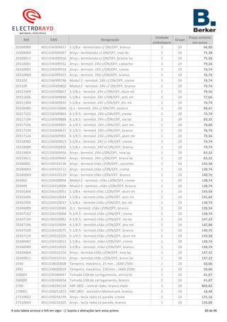 Ref. EAN Designação
Unidade
embalagem
Grupo
Preço unitário
em euros
20308989 4011334309437 S.1/B.x - termóstato c/ ON/OFF, branco 1 24 66,80
20309004 4011334309567 Arsys - termóstato c/ ON/OFF, inox lac 1 24 75,38
20309011 4011334309550 Arsys - termóstato c/ ON/OFF, bronze lac 1 24 75,38
20310001 4011334309932 Arsys - termóst. 24V c/ON/OFF, castanho 1 24 79,36
20310002 4011334309918 Arsys - termóst. 24V c/ON/OFF, creme 1 24 74,74
20310069 4011334309925 Arsys - termóst. 24V c/ON/OFF, branco 1 24 76,76
203102 4011334309796 Modul 2 - termóst. 24V c/ ON/OFF, creme 1 24 74,74
203109 4011334309802 Modul 2 - termóst. 24V c/ ON/OFF, branco 1 24 74,74
20311404 4011334309857 S.1/B.x - termóst. 24V c/ON/OFF, alum mt 1 24 79,56
20311606 4011334309840 S.1/B.x - termóst. 24V c/ON/OFF, antr mt 1 24 77,66
20311909 4011334309833 S.1/B.x - termóst. 24V c/ON/OFF, brc mt 1 24 74,74
20316089 4011334316060 Q.1 - termóst. 24V c/ ON/OFF, branco 1 24 68,41
20317102 4011334309864 K.1/K.5 - termóst. 24V c/ON/OFF, creme 1 24 74,74
20317104 4011334309888 K.1/K.5 - termóst. 24V c/ON/OFF, inx lac 1 24 83,32
20317106 4011334309895 K.1/K.5 - termóst. 24V c/ON/OFF, antr mt 1 24 78,88
20317109 4011334309871 K.1/K.5 - termóst. 24V c/ON/OFF, branco 1 24 76,76
20317124 4011334309901 K.1/K.5 - termóst. 24V c/ON/OFF, alum mt 1 24 79,56
20318982 4011334309819 S.1/B.x - termóst. 24V c/ ON/OFF, creme 1 24 74,74
20318989 4011334309826 S.1/B.x - termóst. 24V c/ ON/OFF, branco 1 24 74,74
20319004 4011334309956 Arsys - termóst. 24V c/ON/OFF, inox lac 1 24 83,32
20319011 4011334309949 Arsys - termóst. 24V c/ON/OFF, bronz lac 1 24 83,32
20340001 4011334310136 Arsys - termóst.chão c/ON/OFF, castanho 1 24 143,38
20340002 4011334310112 Arsys - termóst.chão c/ON/OFF, creme 1 24 138,74
20340069 4011334310129 Arsys - termóst.chão c/ON/OFF, branco 1 24 140,76
203402 4011334309994 Modul 2 - termóst. chão c/ON/OFF, creme 1 24 138,74
203409 4011334310006 Modul 2 - termóst. chão c/ON/OFF, branco 1 24 138,74
20341404 4011334310051 S.1/B.x - termóst.chão c/ON/OFF, alum mt 1 24 143,58
20341606 4011334310044 S.1/B.x - termóst.chão c/ON/OFF, antr mt 1 24 141,64
20341909 4011334310037 S.1/B.x - termóst.chão c/ON/OFF, brc mt 1 24 138,74
20346089 4011334316084 Q.1 - termóst. chão c/ON/OFF, branco 1 24 128,54
20347102 4011334310068 K.1/K.5 - termóst.chão c/ON/OFF, creme 1 24 138,74
20347104 4011334310082 K.1/K.5 - termóst.chão c/ON/OFF, inx lac 1 24 147,32
20347106 4011334310099 K.1/K.5 - termóst.chão c/ON/OFF, atrc mt 1 24 142,88
20347109 4011334310075 K.1/K.5 - termóst.chão c/ON/OFF, branco 1 24 140,76
20347124 4011334310105 K.1/K.5 - termóst.chão c/ON/OFF, alum mt 1 24 143,58
20348982 4011334310013 S.1/B.x - termóst. chão c/ON/OFF, creme 1 24 138,74
20348989 4011334310020 S.1/B.x - termóst. chão c/ON/OFF, branco 1 24 138,74
20349004 4011334310150 Arsys - termóst.chão c/ON/OFF, inox lac 1 24 147,32
20349011 4011334310143 Arsys - termóst.chão c/ON/OFF, bronz lac 1 24 147,32
2040 4011334020608 Temporiz. mecânico, 15 min., 16AX 250V 1 24 50,66
2041 4011334020639 Temporiz. mecânico, 120 min., 16AX 250V 1 24 50,66
260005 4011334340447 Tomada USB de carregamento, antracite 1 24 41,87
260009 4011334340454 Tomada USB de carregamento, branco 1 24 41,87
2700 4011334244134 HM 1801 - central rádio, branco mate 1 24 804,82
270001 4011334251873 HM 1801 - acessório Mastercard, branco 1 24 18,48
27210002 4011334256199 Arsys - tecla rádio x1 parede, creme 1 24 125,16
27210069 4011334256205 Arsys - tecla rádio x1 parede, branco 1 24 126,08
A esta tabela acresce o IVA em vigor. || Sujeita a alterações sem aviso prévio. 60 de 96
 