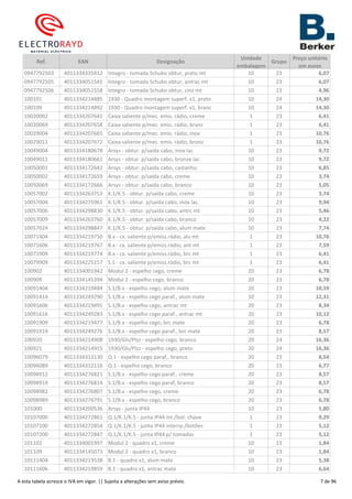 Ref. EAN Designação
Unidade
embalagem
Grupo
Preço unitário
em euros
0947792503 4011334335412 Integro - tomada Schuko obtur, preto mt 10 23 6,07
0947792505 4011334051541 Integro - tomada Schuko obtur, antrac mt 10 23 6,07
0947792506 4011334051558 Integro - tomada Schuko obtur, cinz mt 10 23 4,96
100101 4011334214885 1930 - Quadro montagem superf. x1, preto 10 24 14,30
100109 4011334214892 1930 - Quadro montagem superf. x1, branc 10 24 14,30
10020002 4011334207641 Caixa saliente p/mec. emis. rádio, creme 1 23 6,41
10020069 4011334207658 Caixa saliente p/mec. emis. rádio, branc 1 23 6,41
10029004 4011334207665 Caixa saliente p/mec. emis. rádio, inox 1 23 10,76
10029011 4011334207672 Caixa saliente p/mec. emis. rádio, bronz 1 23 10,76
10049004 4011334180678 Arsys - obtur. p/saída cabo, inox lac 10 23 9,72
10049011 4011334180661 Arsys - obtur. p/saída cabo, bronze lac 10 23 9,72
10050001 4011334172642 Arsys - obtur. p/saída cabo, castanho 10 23 6,85
10050002 4011334172659 Arsys - obtur. p/saída cabo, creme 10 23 3,74
10050069 4011334172666 Arsys - obtur. p/saída cabo, branco 10 23 5,05
10057002 4011334263753 K.1/K.5 - obtur. p/saída cabo, creme 10 23 3,74
10057004 4011334275961 K.1/K.5 - obtur. p/saída cabo, inox lac. 10 23 9,94
10057006 4011334298830 K.1/K.5 - obtur. p/saída cabo, antrc mt 10 23 5,46
10057009 4011334263760 K.1/K.5 - obtur. p/saída cabo, branco 10 23 4,22
10057024 4011334298847 K.1/K.5 - obtur. p/saída cabo, alum mate 10 23 7,74
10071404 4011334219750 B.x - cx. saliente p/emiss.rádio, alu mt 1 23 10,76
10071606 4011334219767 B.x - cx. saliente p/emiss.rádio, ant mt 1 23 7,59
10071909 4011334219774 B.x - cx. saliente p/emiss.rádio, brc mt 1 23 6,41
10079909 4011334225157 S.1 - cx. saliente p/emiss.rádio, brc mt 1 23 6,41
100902 4011334001942 Modul 2 - espelho cego, creme 20 23 6,78
100909 4011334145394 Modul 2 - espelho cego, branco 20 23 6,78
10091404 4011334219484 S.1/B.x - espelho cego, alum mate 20 23 10,59
10091414 4011334249290 S.1/B.x - espelho cego paraf., alum mate 10 23 12,31
10091606 4011334219491 S.1/B.x - espelho cego, antrac mt 20 23 8,34
10091616 4011334249283 S.1/B.x - espelho cego paraf., antrac mt 20 23 10,12
10091909 4011334219477 S.1/B.x - espelho cego, brc mate 20 23 6,78
10091919 4011334249276 S.1/B.x - espelho cego paraf., brc mate 20 23 8,57
100920 4011334214908 1930/Gls/Plzz - espelho cego, branco 20 24 16,36
100921 4011334214915 1930/Gls/Plzz - espelho cego, preto 20 24 16,36
10096079 4011334312130 Q.1 - espelho cego paraf., branco 20 23 8,54
10096089 4011334312116 Q.1 - espelho cego, branco 20 23 6,77
10098912 4011334276821 S.1/B.x - espelho cego paraf., creme 20 23 8,57
10098919 4011334276814 S.1/B.x - espelho cego paraf, branco 20 23 8,57
10098982 4011334276807 S.1/B.x - espelho cego, creme 20 23 6,78
10098989 4011334276791 S.1/B.x - espelho cego, branco 20 23 6,78
101000 4011334200536 Arsys - junta IP44 10 23 5,80
10107000 4011334272861 Q.1/K.1/K.5 - junta IP44 int./bot. chave 1 23 9,29
10107100 4011334272854 Q.1/K.1/K.5 - junta IP44 interrp./botões 1 23 5,12
10107200 4011334272847 Q.1/K.1/K.5 - junta IP44 p/ tomadas 1 23 5,12
101102 4011334001997 Modul 2 - quadro x1, creme 10 23 1,84
101109 4011334145073 Modul 2 - quadro x1, branco 10 23 1,84
10111404 4011334219538 B.1 - quadro x1, alum mate 10 23 5,38
10111606 4011334219859 B.1 - quadro x1, antrac mate 10 23 6,64
A esta tabela acresce o IVA em vigor. || Sujeita a alterações sem aviso prévio. 7 de 96
 