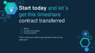 Start today and let´s
get this timeshare
contract transferred
◇ Name
◇ Contact information
◇ Contract details
That´s all that you need to get started so what are you
waiting for!
 
