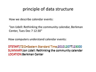 principle of data structure<br />How we describe calendar events:<br />“Jon Udell: Rethinking the community calendar, Berk...