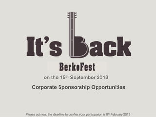 on the Saturday, 14th September 2013
Corporate Sponsorship Opportunities
 