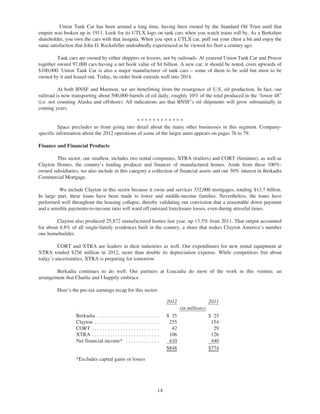 Union Tank Car has been around a long time, having been owned by the Standard Oil Trust until that
empire was broken up in 1911. Look for its UTLX logo on tank cars when you watch trains roll by. As a Berkshire
shareholder, you own the cars with that insignia. When you spot a UTLX car, puff out your chest a bit and enjoy the
same satisfaction that John D. Rockefeller undoubtedly experienced as he viewed his fleet a century ago.

         Tank cars are owned by either shippers or lessors, not by railroads. At yearend Union Tank Car and Procor
together owned 97,000 cars having a net book value of $4 billion. A new car, it should be noted, costs upwards of
$100,000. Union Tank Car is also a major manufacturer of tank cars – some of them to be sold but most to be
owned by it and leased out. Today, its order book extends well into 2014.

          At both BNSF and Marmon, we are benefitting from the resurgence of U.S. oil production. In fact, our
railroad is now transporting about 500,000 barrels of oil daily, roughly 10% of the total produced in the “lower 48”
(i.e. not counting Alaska and offshore). All indications are that BNSF’s oil shipments will grow substantially in
coming years.

                                               ************
          Space precludes us from going into detail about the many other businesses in this segment. Company-
specific information about the 2012 operations of some of the larger units appears on pages 76 to 79.

Finance and Financial Products

        This sector, our smallest, includes two rental companies, XTRA (trailers) and CORT (furniture), as well as
Clayton Homes, the country’s leading producer and financer of manufactured homes. Aside from these 100%-
owned subsidiaries, we also include in this category a collection of financial assets and our 50% interest in Berkadia
Commercial Mortgage.

          We include Clayton in this sector because it owns and services 332,000 mortgages, totaling $13.7 billion.
In large part, these loans have been made to lower and middle-income families. Nevertheless, the loans have
performed well throughout the housing collapse, thereby validating our conviction that a reasonable down payment
and a sensible payments-to-income ratio will ward off outsized foreclosure losses, even during stressful times.

         Clayton also produced 25,872 manufactured homes last year, up 13.5% from 2011. That output accounted
for about 4.8% of all single-family residences built in the country, a share that makes Clayton America’s number
one homebuilder.

         CORT and XTRA are leaders in their industries as well. Our expenditures for new rental equipment at
XTRA totaled $256 million in 2012, more than double its depreciation expense. While competitors fret about
today’s uncertainties, XTRA is preparing for tomorrow.

        Berkadia continues to do well. Our partners at Leucadia do most of the work in this venture, an
arrangement that Charlie and I happily embrace.

         Here’s the pre-tax earnings recap for this sector:

                                                                               2012                   2011
                                                                                      (in millions)
                  Berkadia . . . . . . . . . . . . . . . . . . . . . . . .     $ 35                   $ 25
                  Clayton . . . . . . . . . . . . . . . . . . . . . . . . .     255                    154
                  CORT . . . . . . . . . . . . . . . . . . . . . . . . . .       42                     29
                  XTRA . . . . . . . . . . . . . . . . . . . . . . . . . .      106                    126
                  Net financial income* . . . . . . . . . . . . .               410                    440
                                                                               $848                   $774

                  *Excludes capital gains or losses




                                                                          14
 