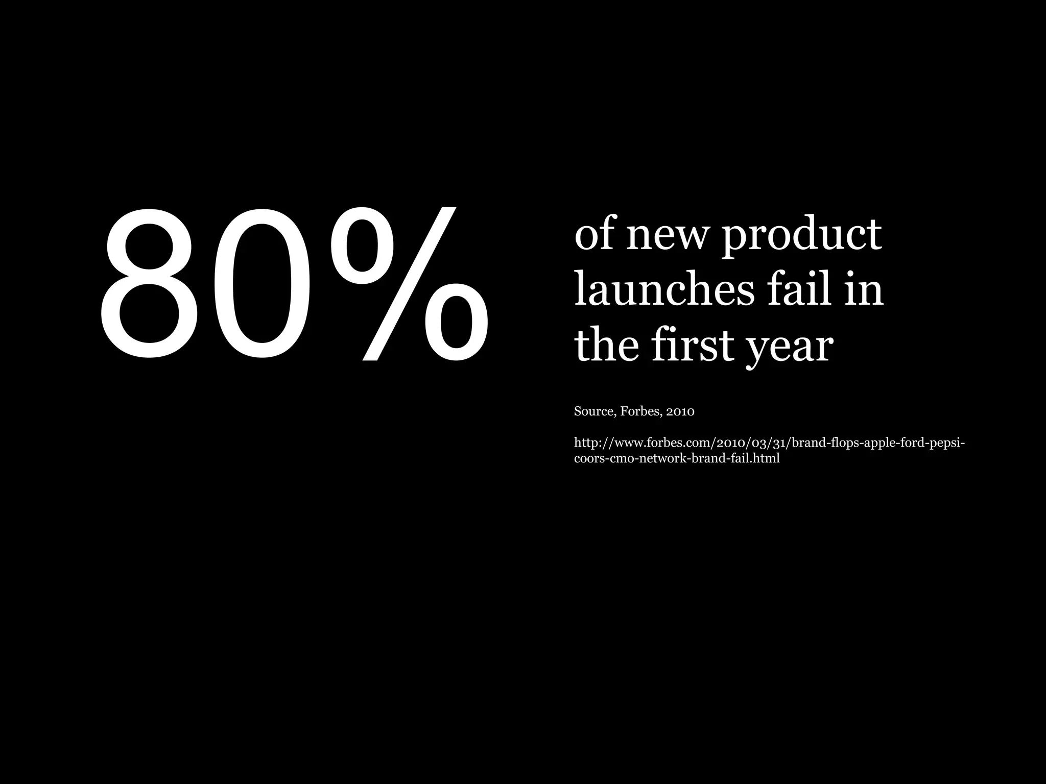9080%
of new product
launches fail in
the first year
Source, Forbes, 2010
http://www.forbes.com/2010/03/31/brand-flops-apple-ford-pepsi-
coors-cmo-network-brand-fail.html
 