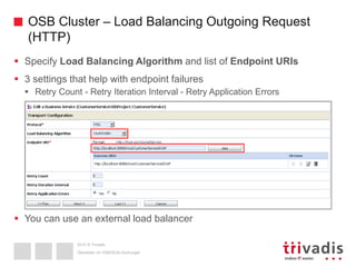 2015 © Trivadis
OSB Cluster – Load Balancing Outgoing Request
(HTTP)
 Specify Load Balancing Algorithm and list of Endpoint URIs
 3 settings that help with endpoint failures
 Retry Count - Retry Iteration Interval - Retry Application Errors
 You can use an external load balancer
Überleben im OSB/SOA-Dschungel
 