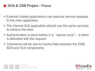 2015 © Trivadis
SOA & OSB Project – Focus
Überleben im OSB/SOA-Dschungel
 External hosted applications can execute service requests
to the main application
 The internal GUI application should use the same services
to retrieve the data.
 Authentication is done before in a “secure zone” - a token
is delivered with the request
 Coherence will be use to Cache Data between the OSB,
SOA and GUI components
 