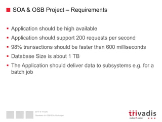 2015 © Trivadis
SOA & OSB Project – Requirements
 Application should be high available
 Application should support 200 requests per second
 98% transactions should be faster than 600 milliseconds
 Database Size is about 1 TB
 The Application should deliver data to subsystems e.g. for a
batch job
Überleben im OSB/SOA-Dschungel
 