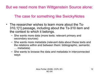 But we need more than Wittgenstein Source alone:

     The case for something like SwickyNotes

• The researcher wishes to...