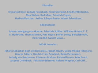 Filozoflar :
Immanuel Kant, Ludwig Feuerbach, Friedrich Hegel, FriedrichNietzsche,
Max Weber, Karl Marx, Friedrich Engels,
HerbertMarcuse, Arthur Schopenhauer, Albert Schweitzer...
Edebiyatçılar :
Johann Wolfgang von Goethe, Friedrich Schiller, Wilhelm Grimm, E. T.
A. Hoffmann, Thomas Mann, Paul Heyse, Stefan Zweig, BertoltBrecht,
Heinrich Böll, Günter Grass…
Müzik insanları :
Johann Sebastian Bach ve Bach ailesi, Joseph Haydn, Georg Philipp Telemann,
George Frideric Handel, Franz Schubert, RobertSchumann,
Ludwig van Beethoven, Johannes Brahms, RichardStrauss, Max Bruch,
Jacques Offenbach, Felix Mendelssohn, Richard Wagner, Carl Orff…
 