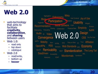 Web 2.0 <ul><li>web-technology that aims to facilitate  creativity ,  collaboration , and  sharing  between users </li></u...