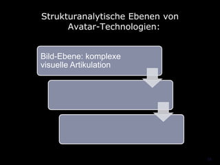 Strukturanalytische Ebenen von
      Avatar-Technologien:


Bild-Ebene: komplexe
visuelle Artikulation




               ...