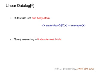 Linear Datalog[9]
• Rules with just one body-atom
• Query answering is first-order rewritable
8X supervisorOf(X,X)  manag...