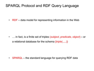 SPARQL Protocol and RDF Query Language
• RDF – data model for representing information in the Web
• … in fact, is a finite...