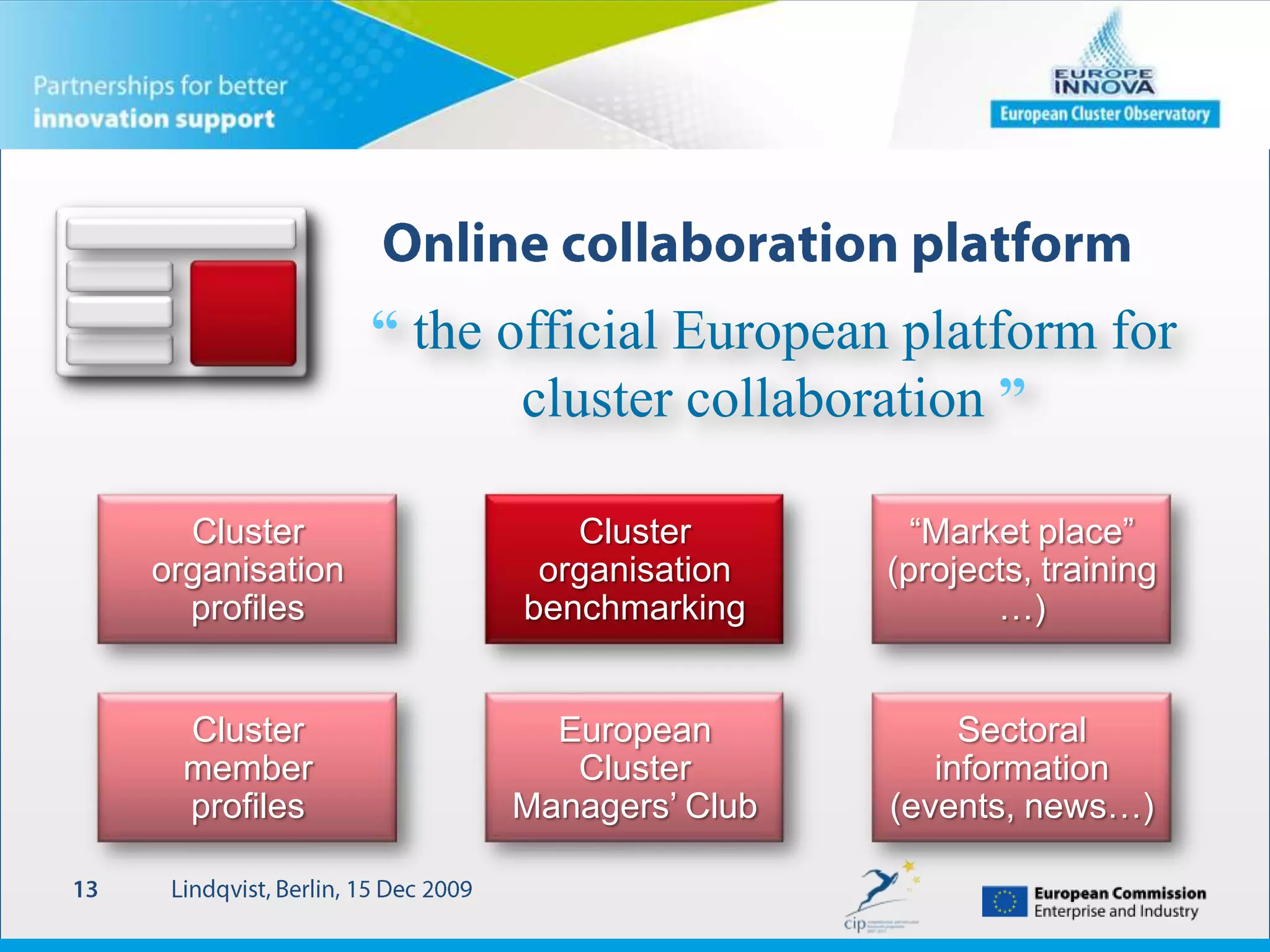 Cluster libraryLindqvist, Berlin, 15 Dec 200913Policy reportsa virtualEuropeanClusterLibrarySectoral reportsRegional reportsCluster cases