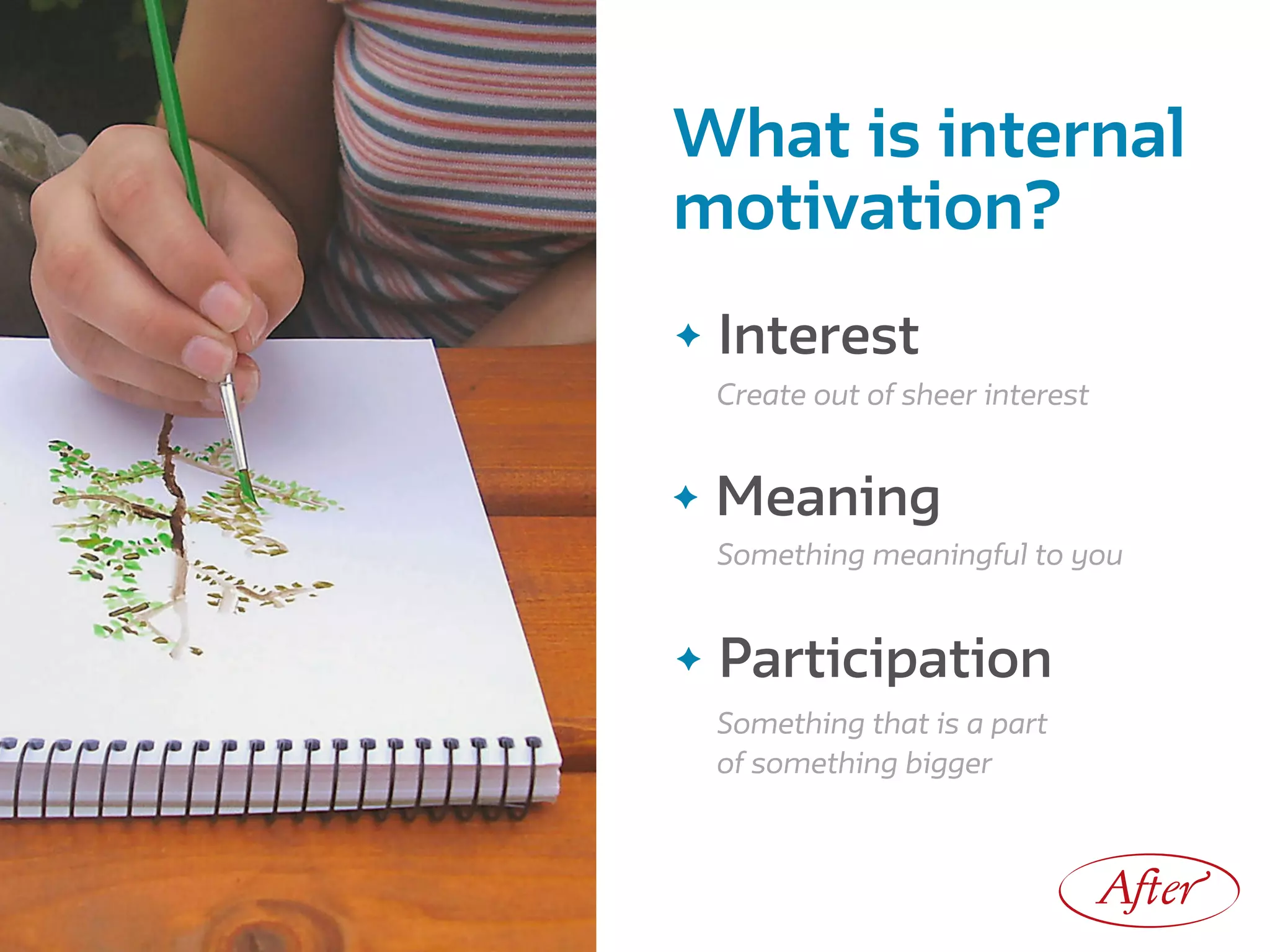 What is internal
motivation?
Something that is a part  
of something bigger
✦ Interest
✦ Meaning
✦ Participation
After
Create out of sheer interest
Something meaningful to you
 