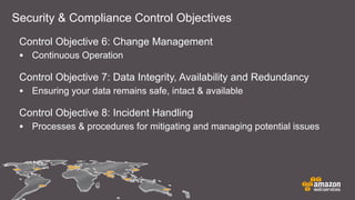 Security & Compliance Control Objectives
Control Objective 6: Change Management
• Continuous Operation
Control Objective 7: Data Integrity, Availability and Redundancy
• Ensuring your data remains safe, intact & available
Control Objective 8: Incident Handling
• Processes & procedures for mitigating and managing potential issues
 